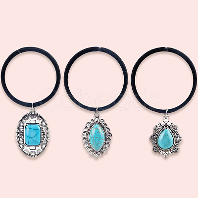 3Pcs 3 Styles Rubber & Synthetic Turquoise Elastic Hair Accessories AJEW-CY0001-75-1