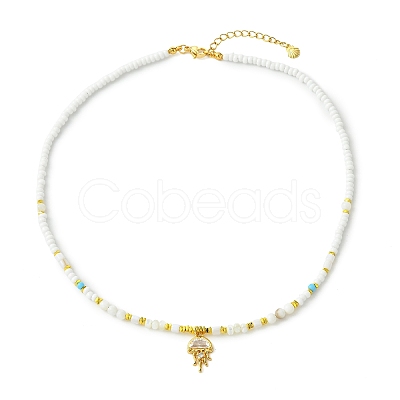 Ocean Brass Pave Clear Cubic Zirconia Sea Animals Pendant Natural Shell and Glass Seed Beaded Necklaces for Women NJEW-JN06345-03-1