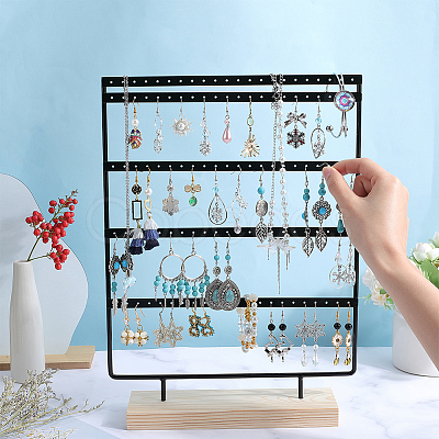 1 Set 5-Tier Rectangle Iron Jewelry Dangle Earring Organizer Holder with Wooden Base EDIS-SC0001-07A-1