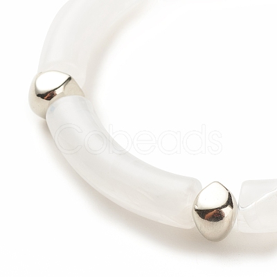 White Acrylic Curved Tube Chunky Stretch Bracelet with CCB Plastic for Women BJEW-JB08126-01-1