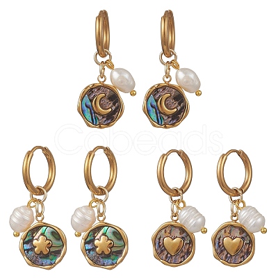3 Pairs 3 Styles 304 Stainless Steel & Natural Paua Shell Hoop Earrings EJEW-JE06952-1