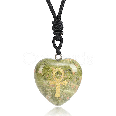Natural Unakite Heart Engraved AnKh Cross Pendant Personalized DIY Necklaces SC1205-9-1