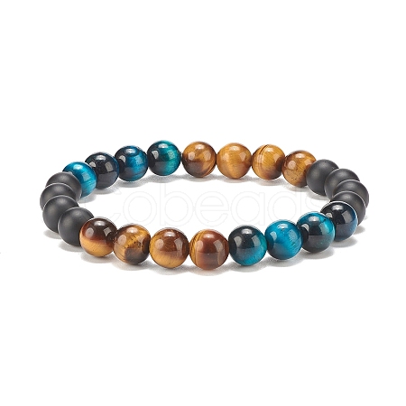 Natural Tiger Eye & Black Agate Round Beaded Stretch Bracelet BJEW-SZ0002-52D-1