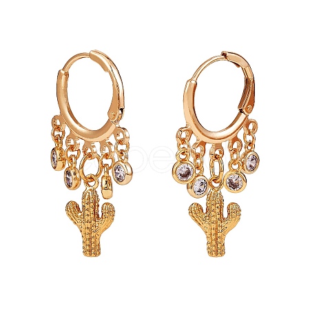 Cactus Brass Dangle Huggie Hoop Earrings EJEW-SW00001-05-1