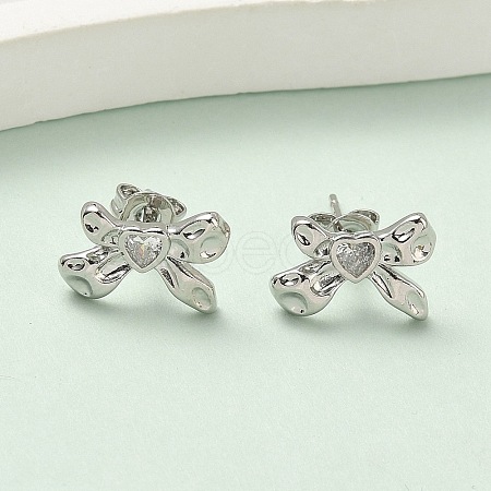 Brass Micro Pave Clear Cubic Zirconia Bowknot Stud Earrings EJEW-A145-02B-P-1