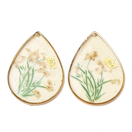 Brass & Transparent Epoxy Resin & Dried Flower Pendants RESI-G133-02G-04-1