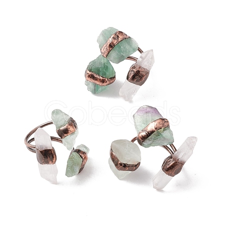 Natural Fluorite & Quartz Crystal Irregular Nugget Open Cuff Ring RJEW-I082-07R-03-1