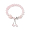 Natural Rose Quartz Round & Heart & Chips Beaded Stretch Bracelet, Alloy Flower Beads Adjustable Bracelet with Tassel Charms for Women, Inner Diameter: 2 inch(5.1cm)