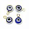 Handmade Evil Eye Lampwork Charms, with Brass Findings, Flat Round, Blue, Real 18K Gold Plated, 10x6.5x3mm, Hole: 1.5mm