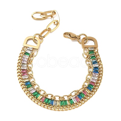 304 Stainless Steel & Glass Double Layers Chain Bracelets for Women BJEW-F540-10G-1