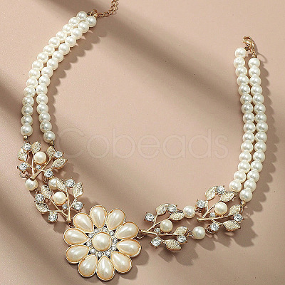 Alloy Crystal Rhinestone Flower Pendant Round Imitation Pearl Double Layer Necklaces for Women FS-WG4730C-01-1