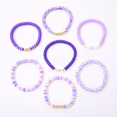 7Pcs Heart Pattern Polymer Clay & Plastic Pearl & CCB Plastic Beaded Stretch Bracelet Set for Women FS-WG634BB-01-1