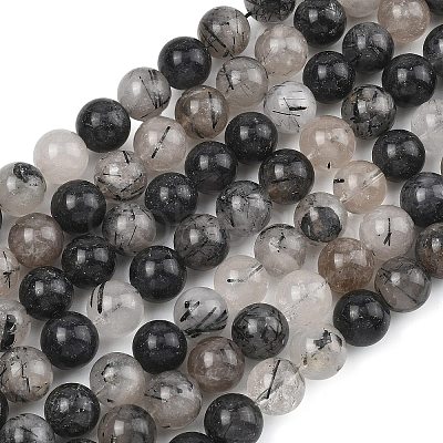 Natural Tourmalinated Quartz/Black Rutilated Quartz Beads Strands G-D361-01A-10mm-1