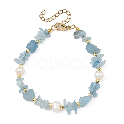 Raw Rough Natural Aquamarine Chip & Cultured Freshwater Pearl Beaded Bracelets for Women BJEW-JB13971-1
