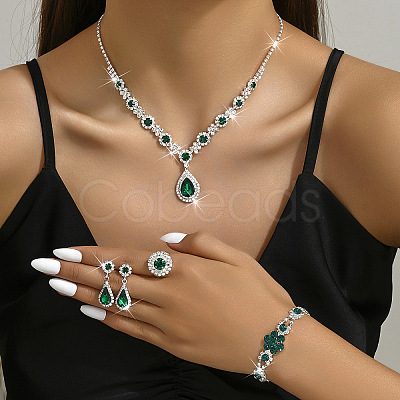 Fashionable Brass Rhinestone Bracelets & Earrings & Necklaces & Rings Sets FS-WG0E119-04-1