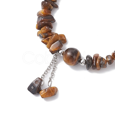 Natural Tiger Eye Chip Beaded Charm Bracelets for Women BJEW-JB12296-01-1