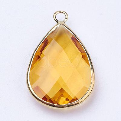 Golden Tone Brass Glass Teardrop Pendants GLAA-M006-A-20G-1