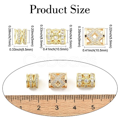 6Pcs 3 Styles Brass Pave Clear Cubic Zirconia European Beads KK-CJ0003-08-1