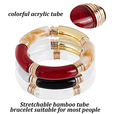 3Pcs 3 Colors Acrylic Curved Tube Beaded Stretch Bracelets Set for Women BJEW-AN0001-22-1