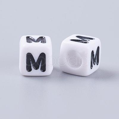 White Letter M Acrylic Cube Beads X-PL37C9308-M-1