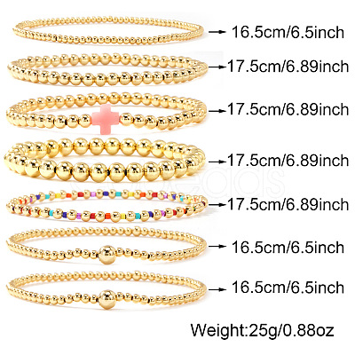 7Pcs Brass Round Beaded Bracelets for Women SB9067-3-1