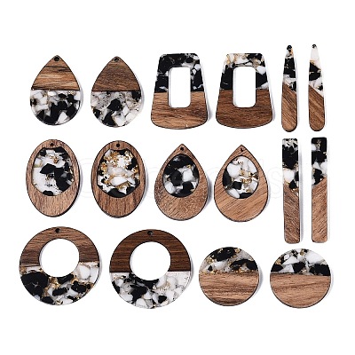 16Pcs 8 Styles Transparent Resin & Walnut Wood Pendants RESI-N053-06-1