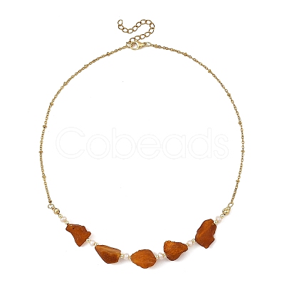 Nuggets Natural Amber & Natural Freshwater Pearl Beaded Necklaces with 304 Stainless Steel Satellite Chains NJEW-JN06491-1