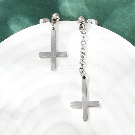 Christian Upside Down Cross 201 Stainless Steel Dangle Stud Earrings EJEW-P314-01C-P-1