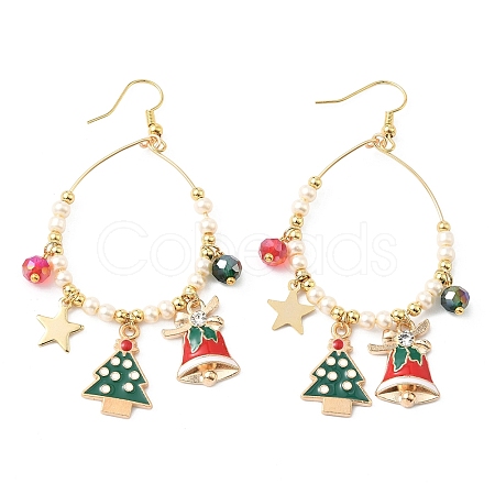 Brass Glass Christmas Tree Dangle Earrings EJEW-TA00666-1