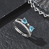 Adjustable Bowknot Shape Brass & Light Blue Cubic Zirconia Finger Rings CU-CBA7E55-07P-1