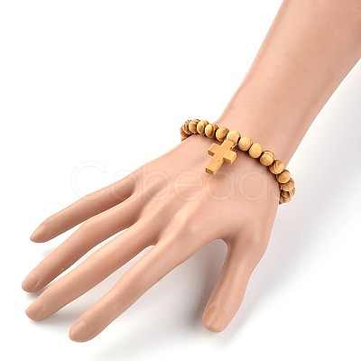 Cross Wood Beaded Stretch Charm Bracelets BJEW-JB02219-1