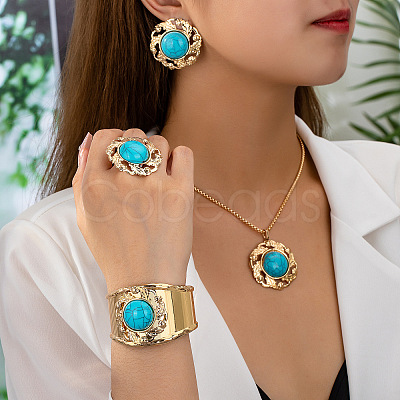 Round Alloy & Synthetic Turquoise Pendant Necklace & Stud Earring & Cuff Bangle & Rings Sets FS-WG9CCFC-01-1