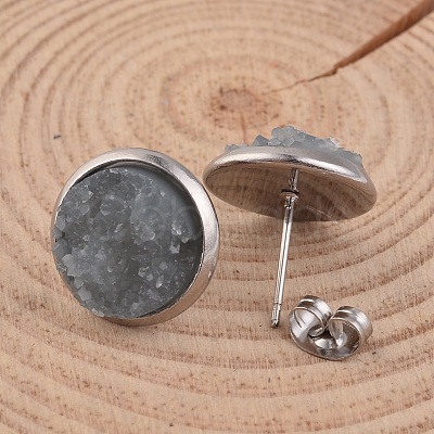 Flat Round 304 Stainless Steel Druzy Resin Ear Studs X-EJEW-JE01964-05-1