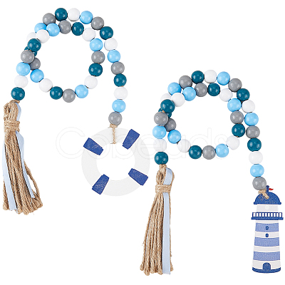 2Pcs 2 Styles Wood Beaded Hanging Ornaments HJEW-GF0001-56B-1
