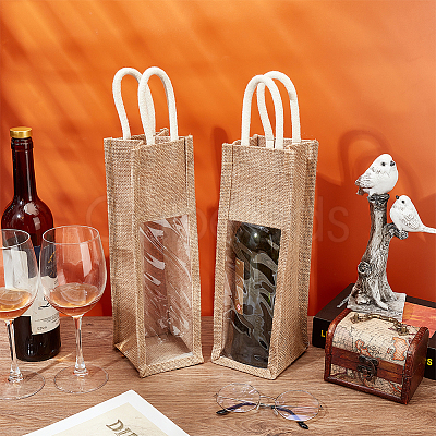 Jute Wine Storage Drawstring Pouches with PVC Clear Window ABAG-WH0035-052A-1