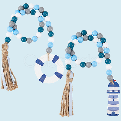 2Pcs 2 Styles Wood Beaded Hanging Ornaments HJEW-GF0001-56B-1