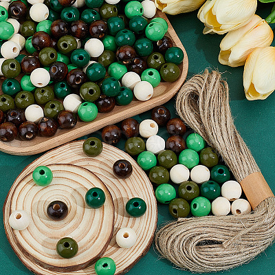 250Pcs 5  Colors Spray Painted Round Natural Schima Wood Beads WOOD-PA0001-73C-1