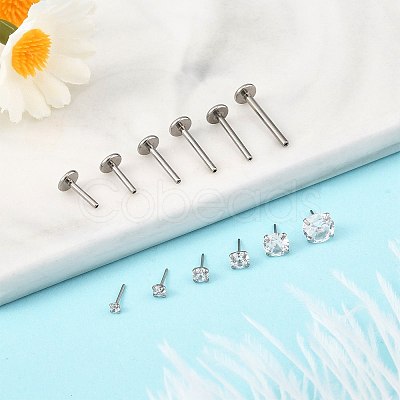 15Pcs 304 Stainless Steel Clear Cubic Zirconia & G23 Titanium Alloy Flat Round Stud Earrings EJEW-FS0001-30-1