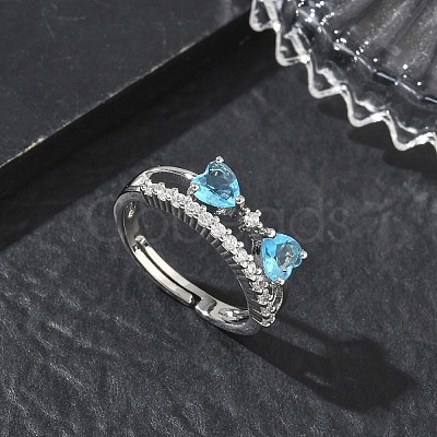 Adjustable Bowknot Shape Brass & Light Blue Cubic Zirconia Finger Rings CU-CBA7E55-07P-1