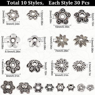 300Pcs 10 Style Tibetan Style Alloy Flower Bead Caps FIND-SC0008-75-1
