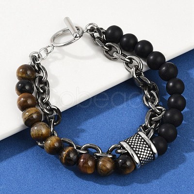 Natural Round Tiger Eye & Frosted Black Bead Bracelets BJEW-M081-01B-1