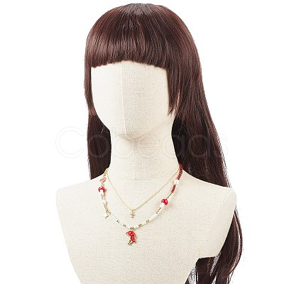 2Pcs 2 Style Alloy Enamel Mushroom Pendant Necklaces Set NJEW-JN04095-1
