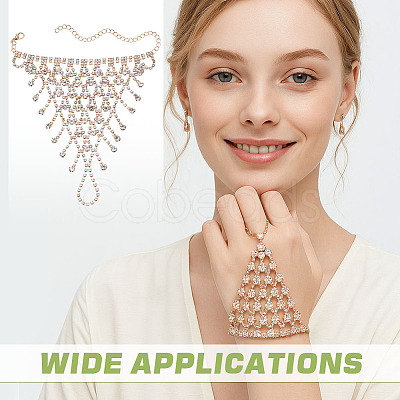 2Pcs Brass Rhinestone Chain Finger Rings Bracelet BJEW-ME0001-01G-1
