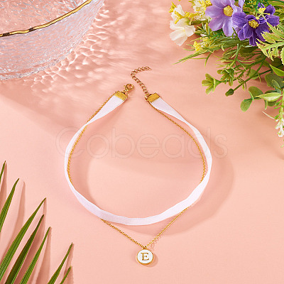 Alloy Enamel Letter Pendant Single Face White Velvet Ribbon & Brass Chain Double Layered Choker Necklaces NJEW-TAC0034-1