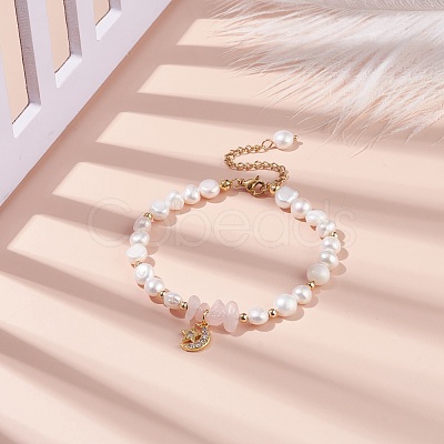 Natural Rose Quartz Chips & Pearl Beaded Bracelet BJEW-JB08236-01-1