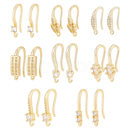 BENECREAT 8 Pairs 8 Styles Brass Micro Pave Clear Cubic Zirconia Earring Hooks ZIRC-BC0001-25-1