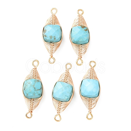 Natural Turquoise Faceted Cube Links Connector Charms with Copper Herringbone Wire-Wrapped KK-Z152-06G-01B-1