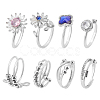 8Pcs 8 Style Flower & Butterfly & Diamond Rhinestone Rotating Open Cuff Rings Set with Glass RJEW-AN0001-12-1