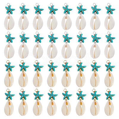 40Pcs 2 Colors Natural Cowrie Shell & Synthetic Turquoise Starfish Pendants PALLOY-HY00105-1