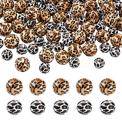 100Pcs 2 Patterns Printed Natural Wooden Beads WOOD-BY0001-01-1